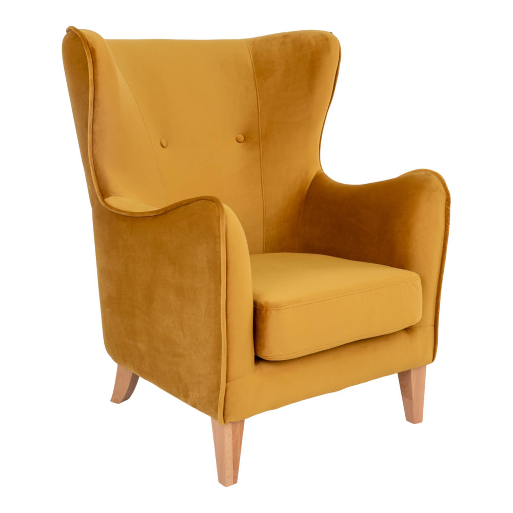 Milano stoel, geel velvet met naturel houten onderstel