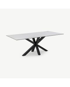 Talon spisebord, hvidt glas og stålfod (200x100 cm)