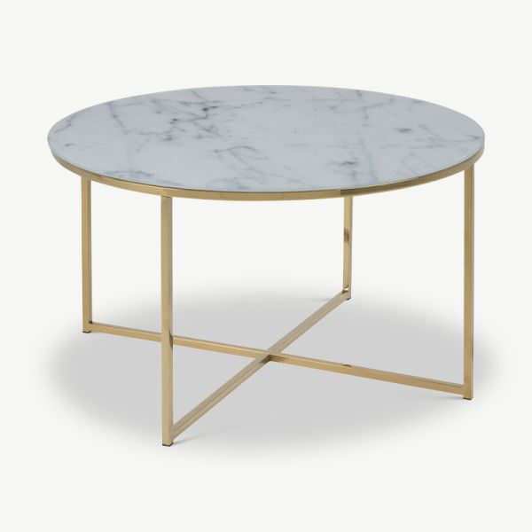 Table basse ronde Ophelia, aspect marbre en laiton