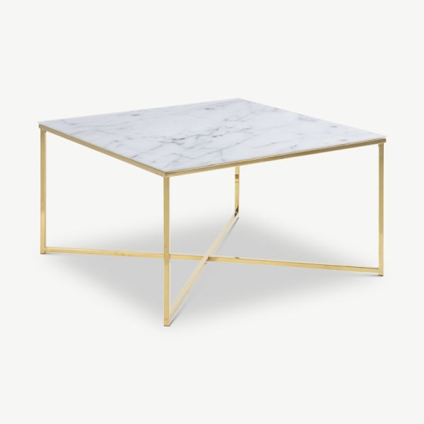 Table basse carrée Ophelia, aspect marbre en laiton