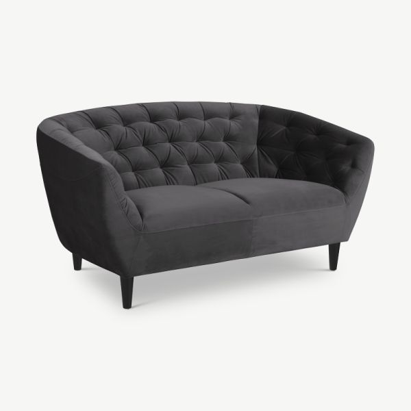 Aria 2 Seater Sofa, Dark Grey Velvet & Rubberwood
