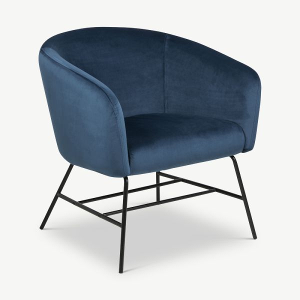 Tabby fauteuil, marineblauw velvet en zwart