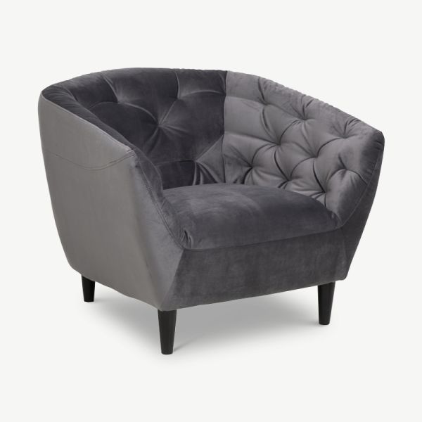 Aria fauteuil, donkergrijs velvet en rubberhout