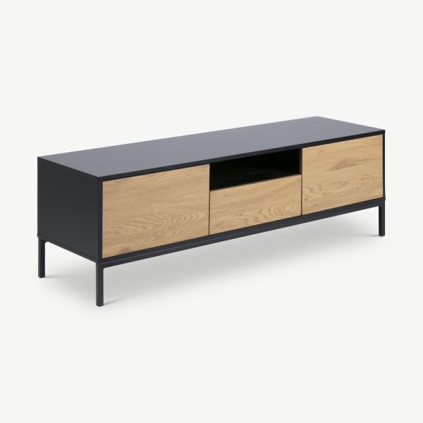 Dover TV Stand, Black Wood & Natural drawers