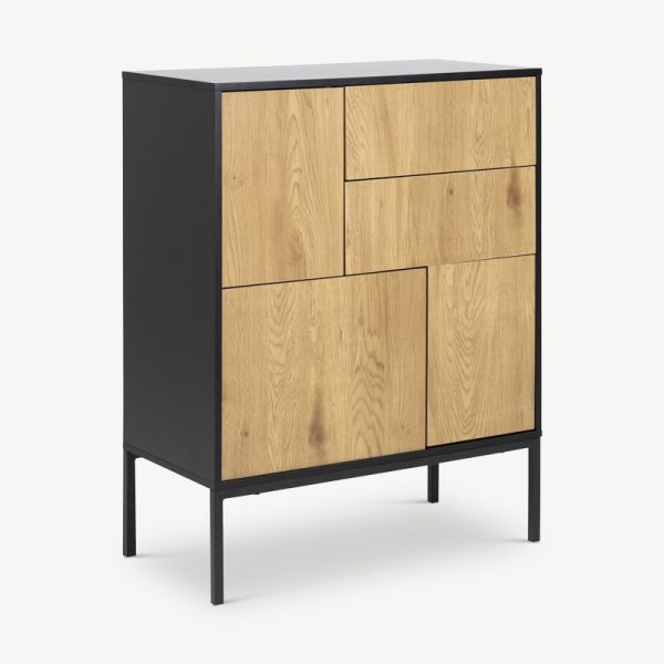 Dover Sideboard, Black Wood & 2 Oak drawers (80 cm)