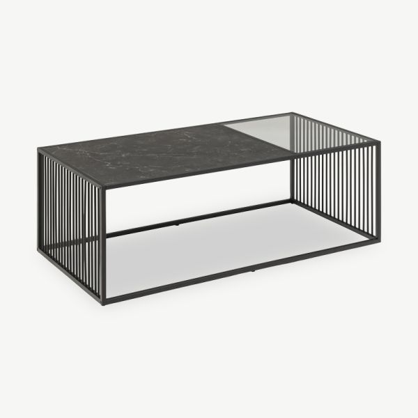 Table basse Joy, aspect marbre noir et structure métallique (120 cm)