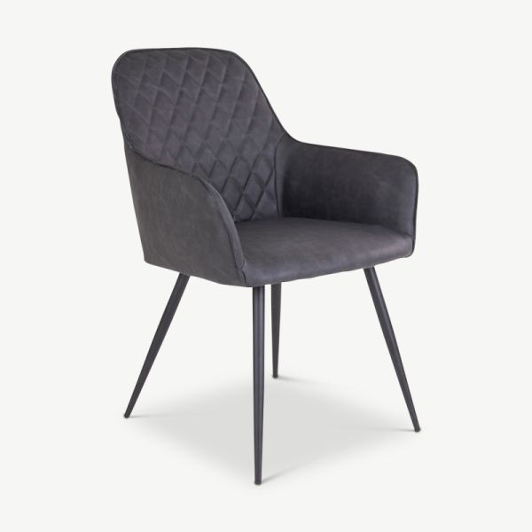 Harbour Dining Chair, Dark Grey PU leather & black legs oblique view