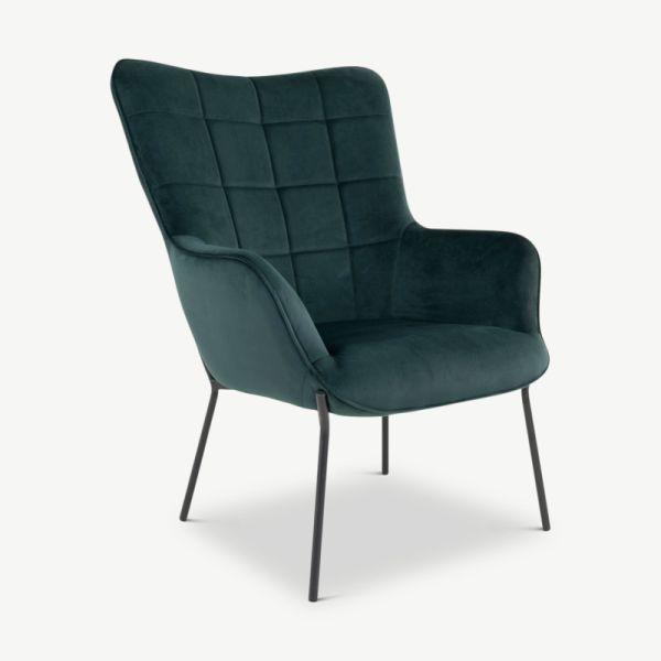 Dublin stol, grøn velour & sorte ben set fra skrå vinkel