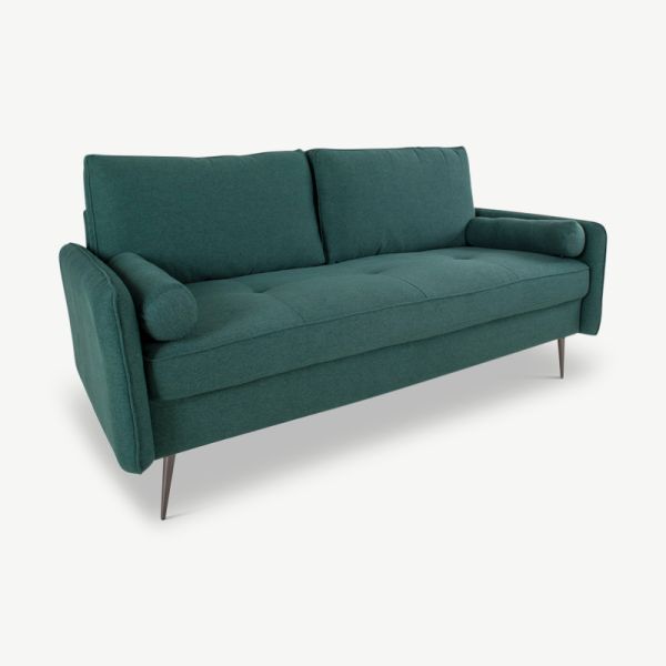 Ymke sofa 2 personers grønt stof og stålben set fra skrå vinkel