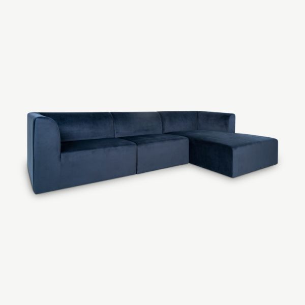 Daisy Corner Sofa, Dark Blue Velvet, right facing oblique view