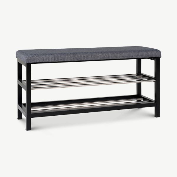 Pandora Bench, Grey Fabric & Black steel oblique view