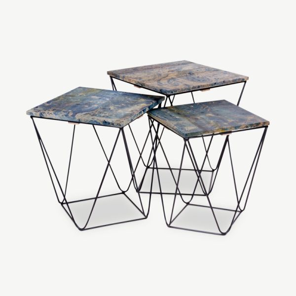 Deserto Side Table, Blue Marble finish & Wood oblique view