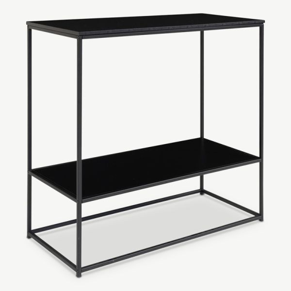 Table console Vice, cadre noir & deux étagères noires vue en plongée
