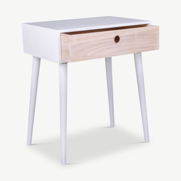 Parmah Bedside Table, White paulownia & Natural wood oblique view