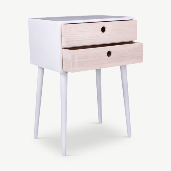 Rimiri Bedside Table, White paulownia & Natural wood oblique view