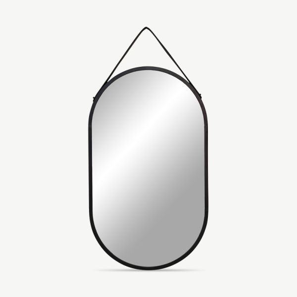 Kamala spejl, sort stål og kunstlæder rem