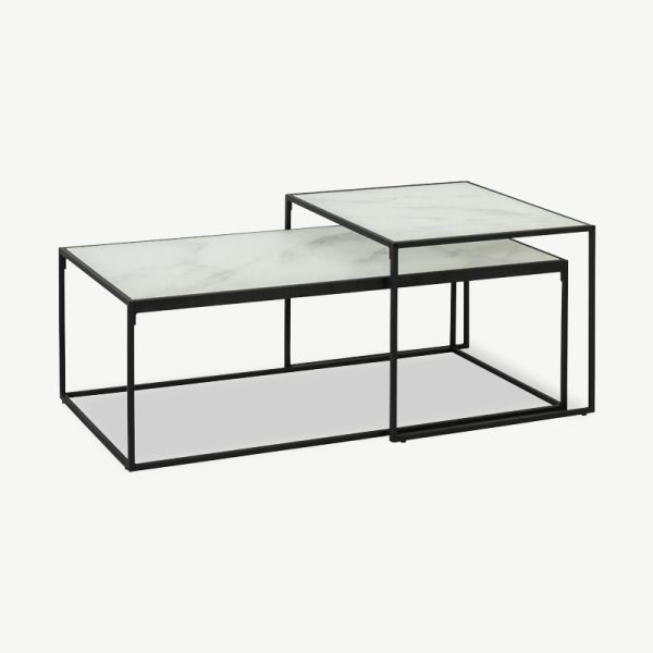 Mino Coffee Table, Marble look Glass & Black frame (set of 2)