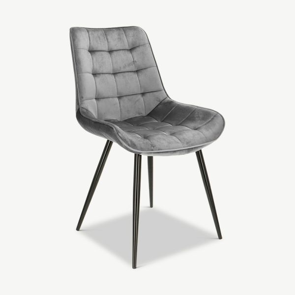 Lisboa spisebordsstol, grå velour & sorte ben set fra skrå vinkel