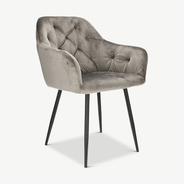 Vinny Dining Chair, Grey Velvet & Black legs oblique view